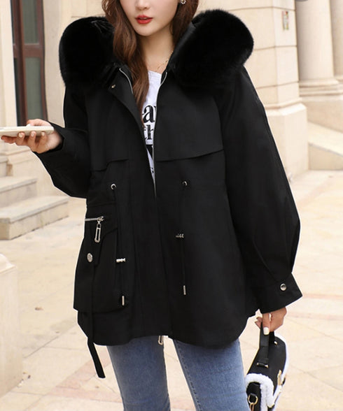 ファーフード付きモッズコートレディース冬 ウエストマーク中綿入りショートコート ボリュームファー襟 韓国風モッズジャケット大人カジュアルアウター冬用 寒さ対策保温 2TNIAO-004