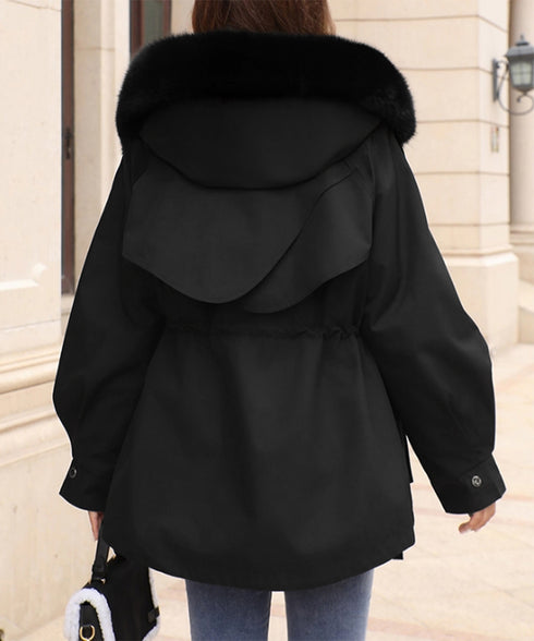 ファーフード付きモッズコートレディース冬 ウエストマーク中綿入りショートコート ボリュームファー襟 韓国風モッズジャケット大人カジュアルアウター冬用 寒さ対策保温 2TNIAO-004