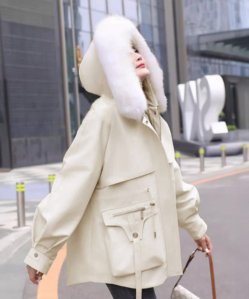 ファーフード付きモッズコートレディース冬 ウエストマーク中綿入りショートコート ボリュームファー襟 韓国風モッズジャケット大人カジュアルアウター冬用 寒さ対策保温 2TNIAO-004