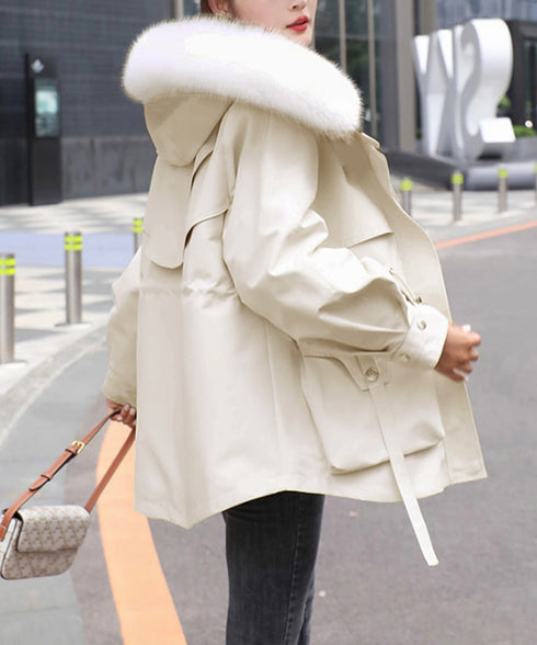 ファーフード付きモッズコートレディース冬 ウエストマーク中綿入りショートコート ボリュームファー襟 韓国風モッズジャケット大人カジュアルアウター冬用 寒さ対策保温 2TNIAO-004