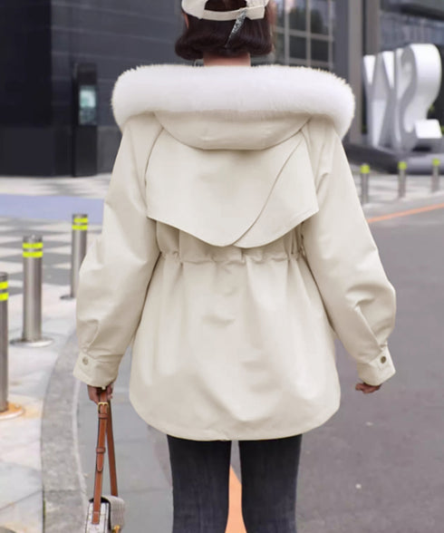 ファーフード付きモッズコートレディース冬 ウエストマーク中綿入りショートコート ボリュームファー襟 韓国風モッズジャケット大人カジュアルアウター冬用 寒さ対策保温 2TNIAO-004