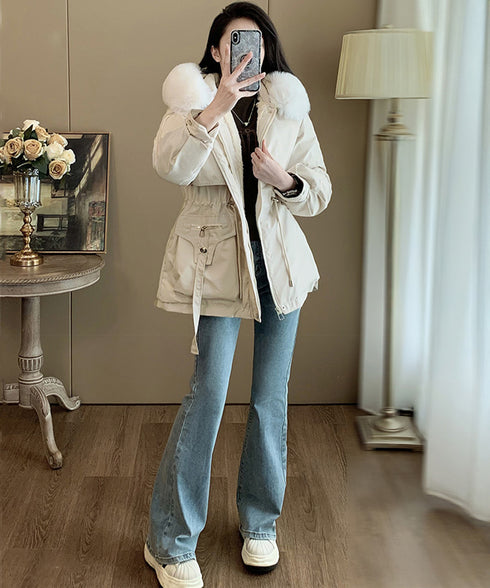 ファーフード付きモッズコートレディース冬 ウエストマーク中綿入りショートコート ボリュームファー襟 韓国風モッズジャケット大人カジュアルアウター冬用 寒さ対策保温 2TNIAO-004