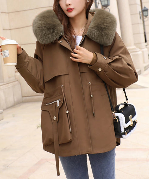 ファーフード付きモッズコートレディース冬 ウエストマーク中綿入りショートコート ボリュームファー襟 韓国風モッズジャケット大人カジュアルアウター冬用 寒さ対策保温 2TNIAO-004