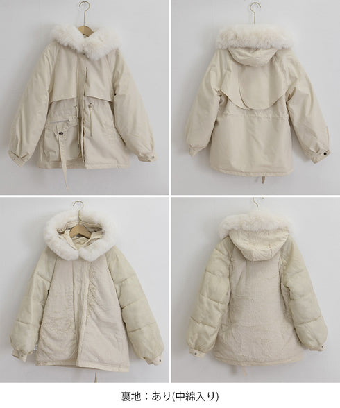 ファーフード付きモッズコートレディース冬 ウエストマーク中綿入りショートコート ボリュームファー襟 韓国風モッズジャケット大人カジュアルアウター冬用 寒さ対策保温 2TNIAO-004