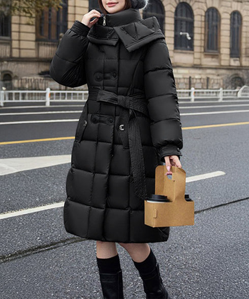 フード付き フェイクダウンコードロング丈 韓国風中綿ロングコード レディース 厚手防寒アウター 大人カジュアル キルティングコートウエストマーク 冬アウター立ち襟 2TNIAO-005