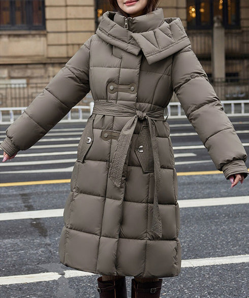 フード付き フェイクダウンコードロング丈 韓国風中綿ロングコード レディース 厚手防寒アウター 大人カジュアル キルティングコートウエストマーク 冬アウター立ち襟 2TNIAO-005
