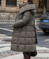 フード付き フェイクダウンコードロング丈 韓国風中綿ロングコード レディース 厚手防寒アウター 大人カジュアル キルティングコートウエストマーク 冬アウター立ち襟 2TNIAO-005