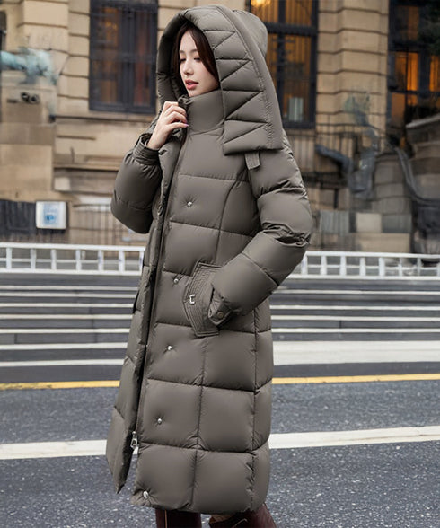 フード付き フェイクダウンコードロング丈 韓国風中綿ロングコード レディース 厚手防寒アウター 大人カジュアル キルティングコートウエストマーク 冬アウター立ち襟 2TNIAO-005