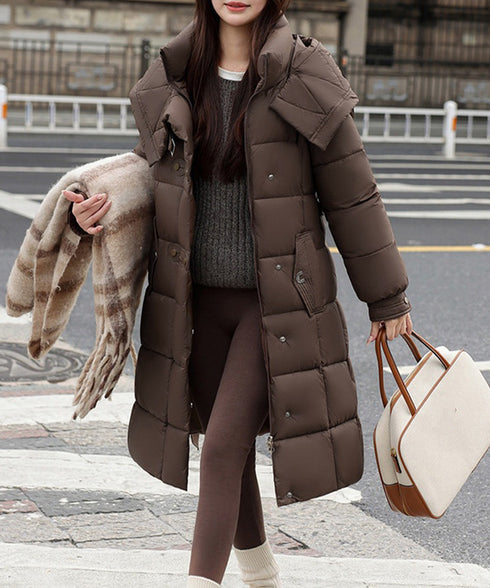 フード付き フェイクダウンコードロング丈 韓国風中綿ロングコード レディース 厚手防寒アウター 大人カジュアル キルティングコートウエストマーク 冬アウター立ち襟 2TNIAO-005