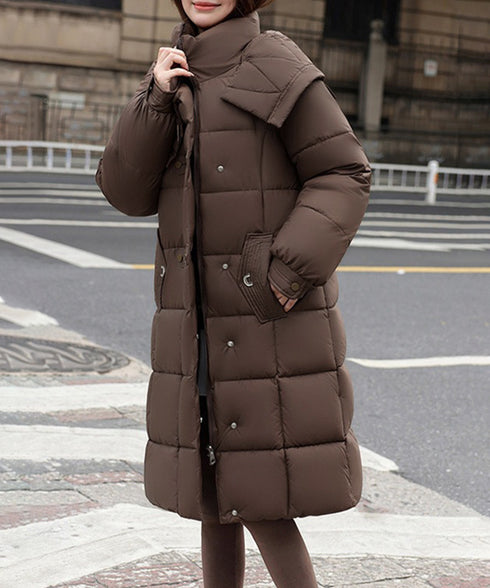 フード付き フェイクダウンコードロング丈 韓国風中綿ロングコード レディース 厚手防寒アウター 大人カジュアル キルティングコートウエストマーク 冬アウター立ち襟 2TNIAO-005