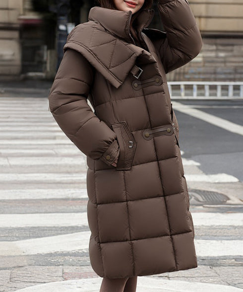 フード付き フェイクダウンコードロング丈 韓国風中綿ロングコード レディース 厚手防寒アウター 大人カジュアル キルティングコートウエストマーク 冬アウター立ち襟 2TNIAO-005