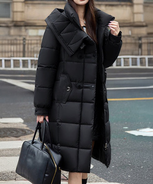 フード付き フェイクダウンコードロング丈 韓国風中綿ロングコード レディース 厚手防寒アウター 大人カジュアル キルティングコートウエストマーク 冬アウター立ち襟 2TNIAO-005