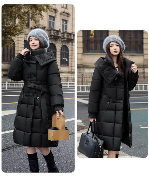 フード付き フェイクダウンコードロング丈 韓国風中綿ロングコード レディース 厚手防寒アウター 大人カジュアル キルティングコートウエストマーク 冬アウター立ち襟 2TNIAO-005