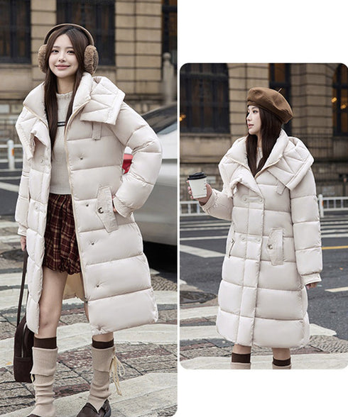 フード付き フェイクダウンコードロング丈 韓国風中綿ロングコード レディース 厚手防寒アウター 大人カジュアル キルティングコートウエストマーク 冬アウター立ち襟 2TNIAO-005