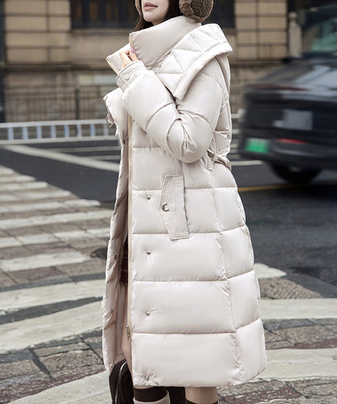 フード付き フェイクダウンコードロング丈 韓国風中綿ロングコード レディース 厚手防寒アウター 大人カジュアル キルティングコートウエストマーク 冬アウター立ち襟 2TNIAO-005