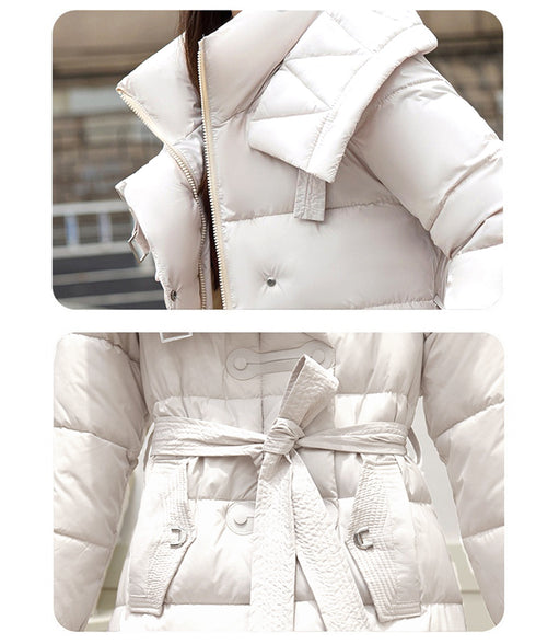 フード付き フェイクダウンコードロング丈 韓国風中綿ロングコード レディース 厚手防寒アウター 大人カジュアル キルティングコートウエストマーク 冬アウター立ち襟 2TNIAO-005