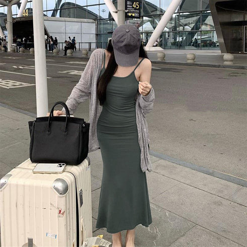 キャミワンピースロング丈ボディコンワンピ ハイウエスト セクシー ワンピース レディース ノースリーブ タイトワンピ春夏 着やせストレッチインナーワンピース 無地 2XIAOBEI-001