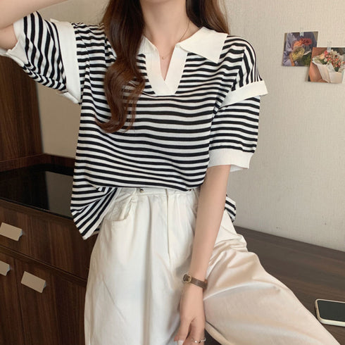 ポロシャツ レディース 半袖 ボーダー ニットtシャツ 薄手サマーニット 5分袖Vネック 襟付きカットソー ボーダー柄トップス 韓国ファッション カジュアル夏服 2XINBH-001
