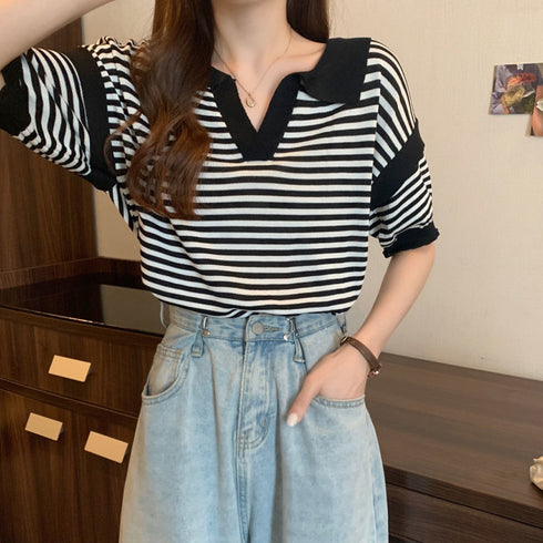 ポロシャツ レディース 半袖 ボーダー ニットtシャツ 薄手サマーニット 5分袖Vネック 襟付きカットソー ボーダー柄トップス 韓国ファッション カジュアル夏服 2XINBH-001