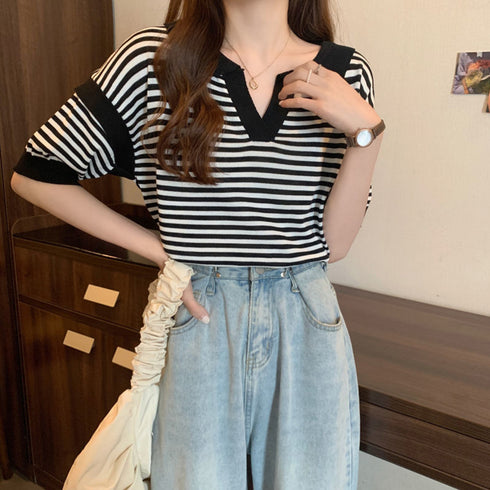 ポロシャツ レディース 半袖 ボーダー ニットtシャツ 薄手サマーニット 5分袖Vネック 襟付きカットソー ボーダー柄トップス 韓国ファッション カジュアル夏服 2XINBH-001