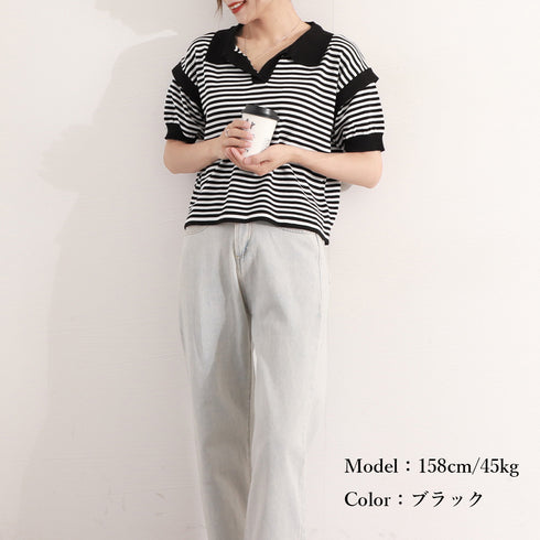 ポロシャツ レディース 半袖 ボーダー ニットtシャツ 薄手サマーニット 5分袖Vネック 襟付きカットソー ボーダー柄トップス 韓国ファッション カジュアル夏服 2XINBH-001