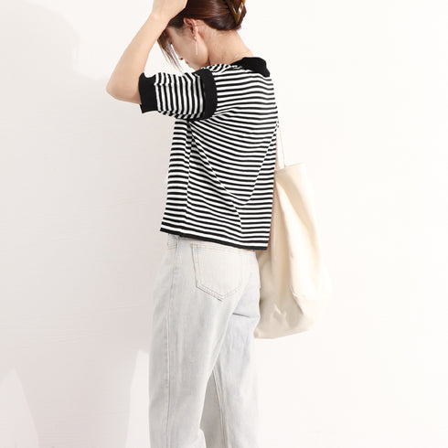 ポロシャツ レディース 半袖 ボーダー ニットtシャツ 薄手サマーニット 5分袖Vネック 襟付きカットソー ボーダー柄トップス 韓国ファッション カジュアル夏服 2XINBH-001