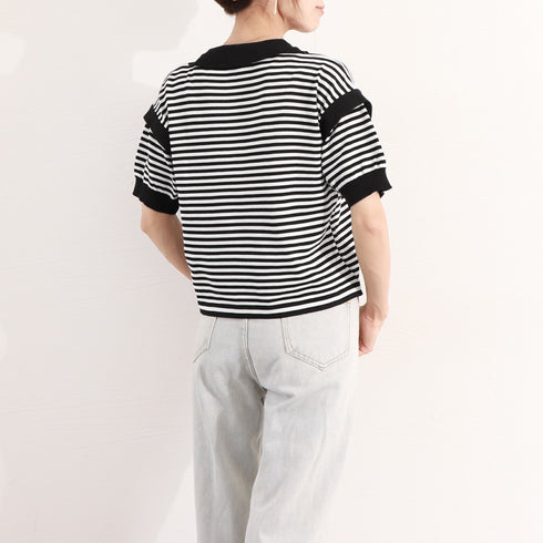 ポロシャツ レディース 半袖 ボーダー ニットtシャツ 薄手サマーニット 5分袖Vネック 襟付きカットソー ボーダー柄トップス 韓国ファッション カジュアル夏服 2XINBH-001