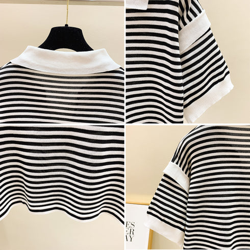 ポロシャツ レディース 半袖 ボーダー ニットtシャツ 薄手サマーニット 5分袖Vネック 襟付きカットソー ボーダー柄トップス 韓国ファッション カジュアル夏服 2XINBH-001