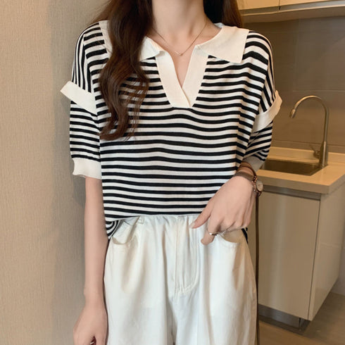 ポロシャツ レディース 半袖 ボーダー ニットtシャツ 薄手サマーニット 5分袖Vネック 襟付きカットソー ボーダー柄トップス 韓国ファッション カジュアル夏服 2XINBH-001