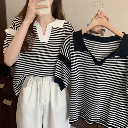ポロシャツ レディース 半袖 ボーダー ニットtシャツ 薄手サマーニット 5分袖Vネック 襟付きカットソー ボーダー柄トップス 韓国ファッション カジュアル夏服 2XINBH-001