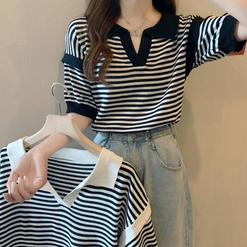 ポロシャツ レディース 半袖 ボーダー ニットtシャツ 薄手サマーニット 5分袖Vネック 襟付きカットソー ボーダー柄トップス 韓国ファッション カジュアル夏服 2XINBH-001