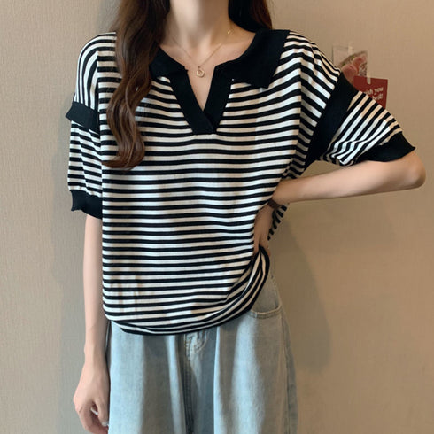 ポロシャツ レディース 半袖 ボーダー ニットtシャツ 薄手サマーニット 5分袖Vネック 襟付きカットソー ボーダー柄トップス 韓国ファッション カジュアル夏服 2XINBH-001