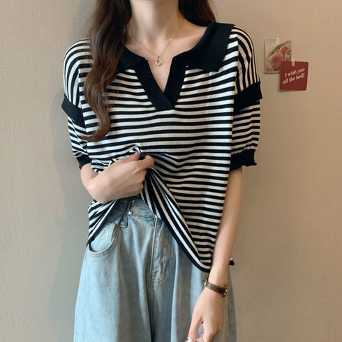 ポロシャツ レディース 半袖 ボーダー ニットtシャツ 薄手サマーニット 5分袖Vネック 襟付きカットソー ボーダー柄トップス 韓国ファッション カジュアル夏服 2XINBH-001