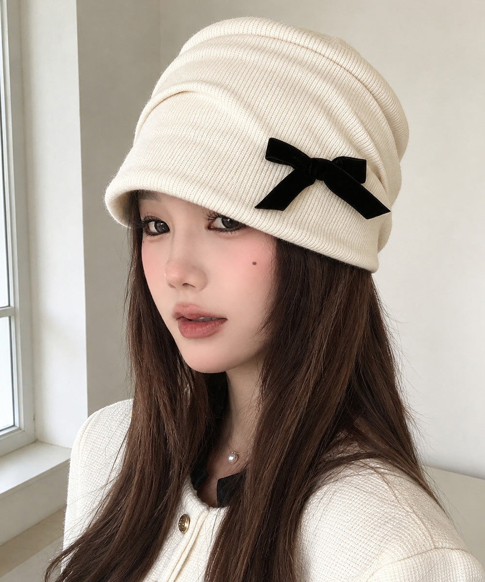 リボン付きニットキャスケット韓国風秋冬帽