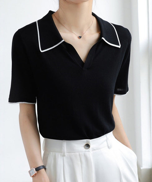 半袖 ポロシャツ レディース ニット夏服 ポロ襟トップス 上品ニットTシャツ シンプル 冷感タッチ サマーニット オフィスカジュアル服 着回し Vネックニットソー 2XUAN-006