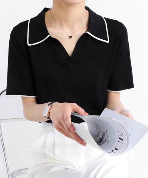 半袖 ポロシャツ レディース ニット夏服 ポロ襟トップス 上品ニットTシャツ シンプル 冷感タッチ サマーニット オフィスカジュアル服 着回し Vネックニットソー 2XUAN-006