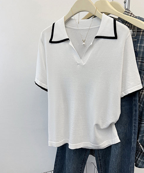 半袖 ポロシャツ レディース ニット夏服 ポロ襟トップス 上品ニットTシャツ シンプル 冷感タッチ サマーニット オフィスカジュアル服 着回し Vネックニットソー 2XUAN-006