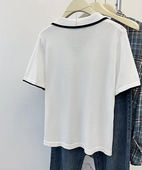 半袖 ポロシャツ レディース ニット夏服 ポロ襟トップス 上品ニットTシャツ シンプル 冷感タッチ サマーニット オフィスカジュアル服 着回し Vネックニットソー 2XUAN-006