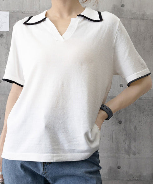 半袖 ポロシャツ レディース ニット夏服 ポロ襟トップス 上品ニットTシャツ シンプル 冷感タッチ サマーニット オフィスカジュアル服 着回し Vネックニットソー 2XUAN-006