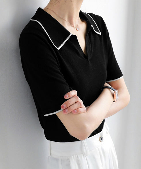 半袖 ポロシャツ レディース ニット夏服 ポロ襟トップス 上品ニットTシャツ シンプル 冷感タッチ サマーニット オフィスカジュアル服 着回し Vネックニットソー 2XUAN-006