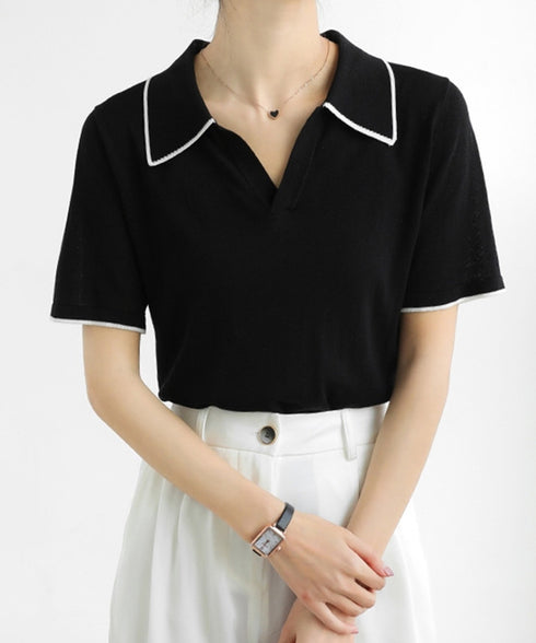 半袖 ポロシャツ レディース ニット夏服 ポロ襟トップス 上品ニットTシャツ シンプル 冷感タッチ サマーニット オフィスカジュアル服 着回し Vネックニットソー 2XUAN-006