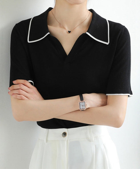 半袖 ポロシャツ レディース ニット夏服 ポロ襟トップス 上品ニットTシャツ シンプル 冷感タッチ サマーニット オフィスカジュアル服 着回し Vネックニットソー 2XUAN-006