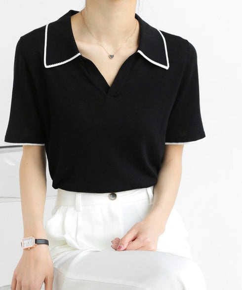 半袖 ポロシャツ レディース ニット夏服 ポロ襟トップス 上品ニットTシャツ シンプル 冷感タッチ サマーニット オフィスカジュアル服 着回し Vネックニットソー 2XUAN-006