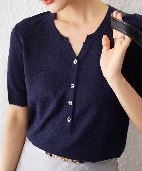 ニットトップス 半袖Vネックサマーニット ニットカットソー レディース 無地ハーフボタン 柔らかいプルオーバー 五分袖 通勤服 夏ニット ベーシック 着回し力抜群 2XUAN-007
