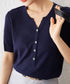 ニットトップス 半袖Vネックサマーニット ニットカットソー レディース 無地ハーフボタン 柔らかいプルオーバー 五分袖 通勤服 夏ニット ベーシック 着回し力抜群 2XUAN-007