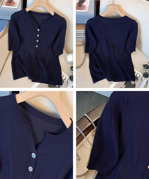 ニットトップス 半袖Vネックサマーニット ニットカットソー レディース 無地ハーフボタン 柔らかいプルオーバー 五分袖 通勤服 夏ニット ベーシック 着回し力抜群 2XUAN-007