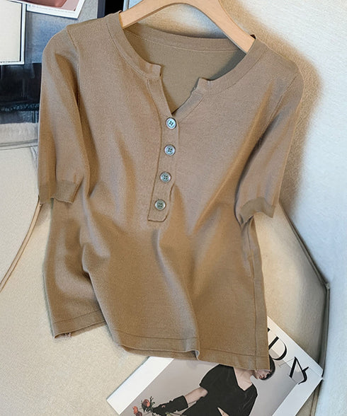 ニットトップス 半袖Vネックサマーニット ニットカットソー レディース 無地ハーフボタン 柔らかいプルオーバー 五分袖 通勤服 夏ニット ベーシック 着回し力抜群 2XUAN-007