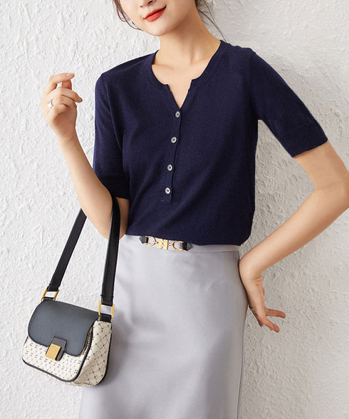 ニットトップス 半袖Vネックサマーニット ニットカットソー レディース 無地ハーフボタン 柔らかいプルオーバー 五分袖 通勤服 夏ニット ベーシック 着回し力抜群 2XUAN-007