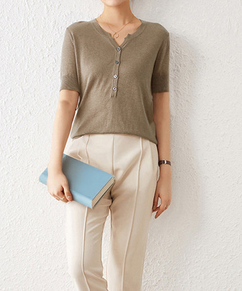 ニットトップス 半袖Vネックサマーニット ニットカットソー レディース 無地ハーフボタン 柔らかいプルオーバー 五分袖 通勤服 夏ニット ベーシック 着回し力抜群 2XUAN-007