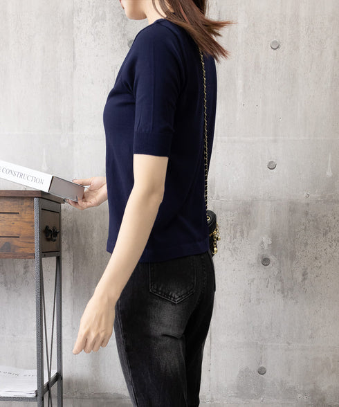 ニットトップス 半袖Vネックサマーニット ニットカットソー レディース 無地ハーフボタン 柔らかいプルオーバー 五分袖 通勤服 夏ニット ベーシック 着回し力抜群 2XUAN-007